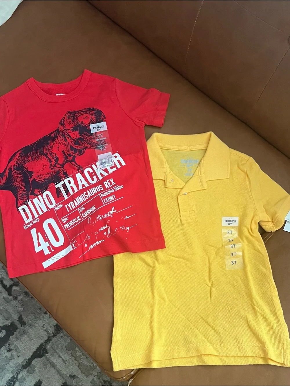 OshKosh B'gosh Boys Red Dino Tracker Graphic Tee & Yellow Polo Cotton Sz 3T NWT